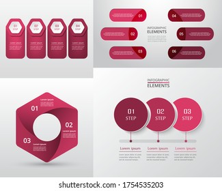 Bundle infographic elements data visualization. Vector template with 3, 4, 6 options. Can be used for presentations, business processes, workflow, diagram, flowchart, timeline, marketing, trainings.