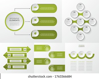 Bundle infographic elements data visualization. Vector template with 3, 4, 9 options. Can be used for presentations, business processes, workflow, diagram, flowchart, timeline, marketing, trainings.
