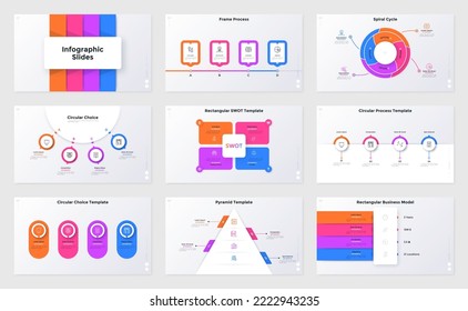 Bundle of infographic presentation pages - SWOT diagram, ring-like pie chart, pyramid business model, frame process, circular progress bar. Minimal flat vector illustration for information analysis.