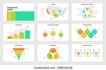 Conjunto de páginas de presentación de infografía - mapa de EE.UU. con indicación de estado, gráfico de barras de crecimiento y desarrollo, diagrama de Venn, gráfico de procesos. Ilustración vectorial plana mínima para análisis de negocio.