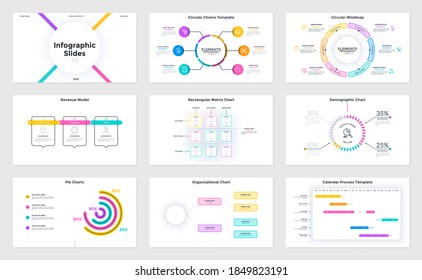 Bundle of infographic presentation slides - calendar process chart, flowchart, rectangular matrix diagram, circular mind map. Modern simple flat vector illustration for business data organization.