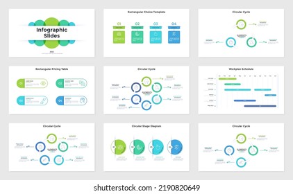 Bundle of infographic presentation slides - circular ring-like cyclic diagrams, work plan or schedule, flowchart with round elements. Simple flat vector illustration for business data visualization.