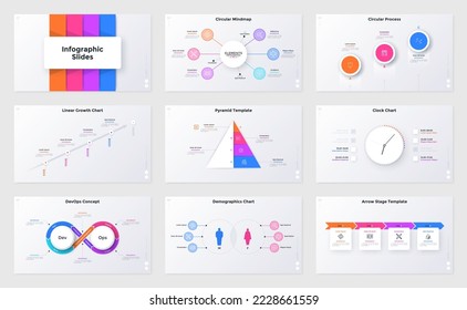 Bundle of infographic presentation slides - clock chart, progress bar with square elements, devops model, pyramid diagram, linear growth graph. Simple flat vector illustration for data analytics.