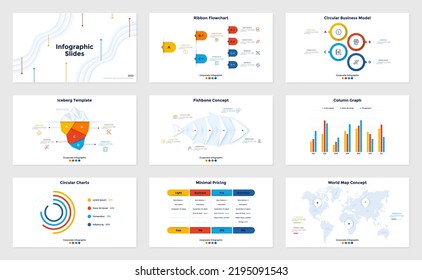 Bundle of infographic presentation slides - fishbone chart, iceberg diagram, column graph, world map, circular business model. Minimal flat vector illustration for data visualization, presentation.