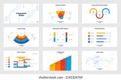 Paket von Infografik-Präsentationsfolien - Lineardiagramm, Eisbergsdiagramm, SWOT-Diagramm, Arbeitszeitlinie. Minimale flache Vektorgrafik für die Analyse und Visualisierung von Geschäftsinformationen.