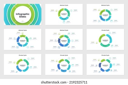 Bundle of infographic presentation slides - round pie diagrams, circular flower petal charts, ring-like cyclic graphs. Minimal flat colorful vector illustration for business information visualization.