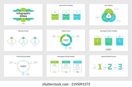 Bundle of infographic presentation slides - Venn diagram, flowchart with rectangular elements, pricing tables, pie charts, progress bar with numbers. Simple flat vector illustration for data analysis.