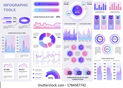 Bundle Infografik UI, UX, KIT Elemente. Verschiedene Diagramme, Diagramme, Workflow, Flussdiagramm, Zeitstrahl, Schemata, Marketingsymbole, Grafiken und Balken Design-Vorlage. Vektorgrafik- und Infografik-Set.