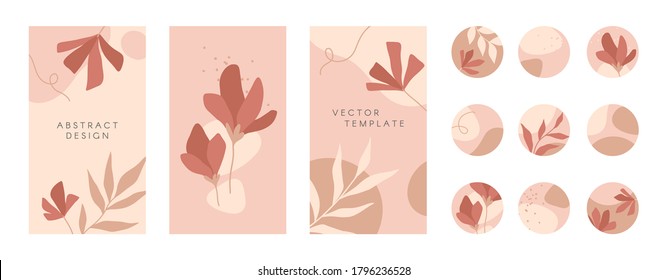 Bundle of insta editable story templates and highlights covers.Vector layouts with hand drawn organic shapes and textures.Abstract backgrounds.Trendy design for social media marketing.Social media kit