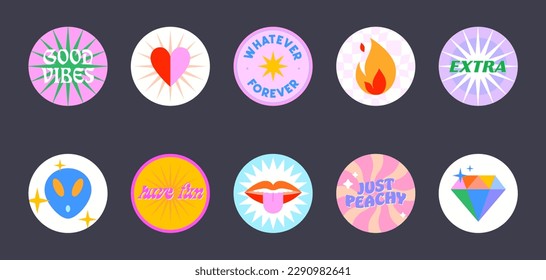 Bundle of insta highlights covers in 90s style.Fun cute patches and stickers.Modern IG acid icons or symbols in y2k aesthetic with text.Trendy groovy designs for social media marketing.
