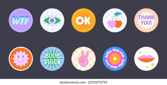 Bundle of insta highlights covers in 90s style.Fun cute patches and stickers.Modern  acid icons or symbols in y2k aesthetic with text.Trendy groovy designs for social media marketing.