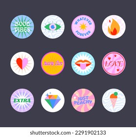 Bundle of insta highlights covers in 90s style.Fun cute patches and stickers.Modern IG icons or symbols in y2k aesthetic with text.Trendy groovy designs for social media marketing.