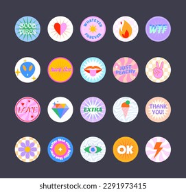 Bundle of insta highlights covers in 90s style.Fun cute patches and stickers.Modern icons or symbols in y2k aesthetic with text.Trendy groovy designs for social media marketing.