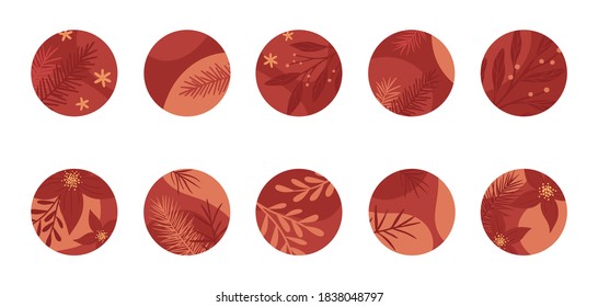 Bundle of insta highlights covers for holidays.Modern vector layouts with hand drawn plants and florals in christmas style.Abstract backgrounds.Trendy design for social media marketing.