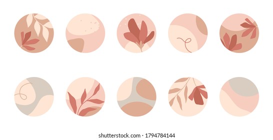 Bundle of insta highlights covers.Modern vector layouts with hand drawn organic shapes,florals and textures.Abstract backgrounds.Trendy design for social media marketing.