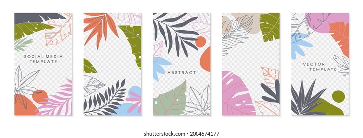 Bundle of insta story templates with tropical palm leaves.Modern summer vector layouts with copy space for text.Bright vibrant banners.Trendy designs for social media marketing,digital post,prints.