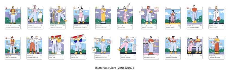 Bundle of Instagram post concepts with people scene in flat cartoon design. Each scene in this collection is filled with details that convey the atmosphere and mood. Vector illustration.