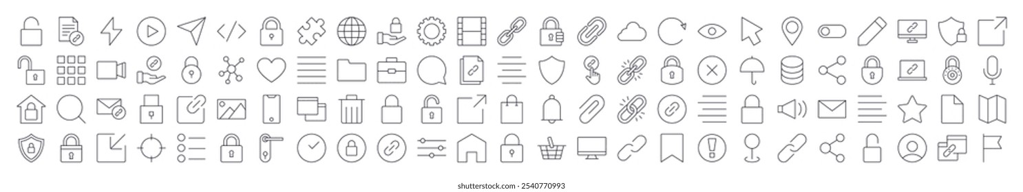 Bündel von Schnittstellen-bezogenen Liniensymbolen. Bearbeitbarer Strich für Design, Websites, Apps, Karten. Enthält lineare Bilder von Teilen, Kodieren, Gefällt mir, Lesezeichen, Menü
