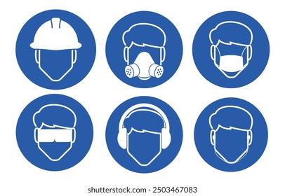 Bundle isolated blue circle head protection sign, helmet, google, ears cup, mask, respirator mandatory