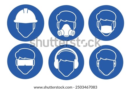 Bundle isolated blue circle head protection sign, helmet, google, ears cup, mask, respirator mandatory