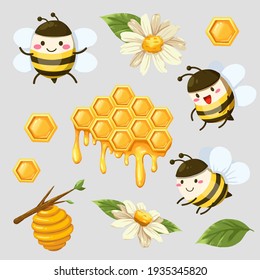 bundle of isolated cute bee and honeycomb in cartoon characters collection, cartoon characters in kids concept, flat Colorful vector illustration