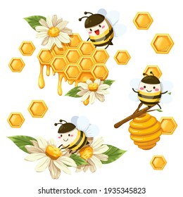 conjunto aislado de abeja linda y panal de miel en colección de personajes de dibujos animados, personajes de dibujos animados en el concepto de niños, ilustración plana del vector colorido