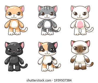 bundle of isolated cute cat cartoon characters collection, isolated cute funny kitten background poster in kids concept, flat Colorful vector illustration