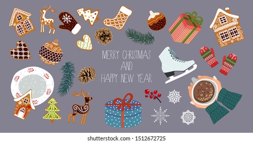 Bundle of isolated designer elements for Christmas and New year - gingerbread, gifts, pinecones, spruce branches, mittens, hands with a cup of hot cocoa. Cute cartoon flat vector illustration.