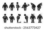 Bundle isolated icon fat man and woman, sport, exercise, gym, scale symbol of over weight person