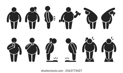 Bundle isolated icon fat man and woman, sport, exercise, gym, scale symbol of over weight person