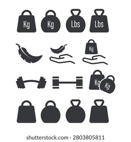 Bundle isolated icons heavy and light weight concepts with load feather kilograms and dumbbell