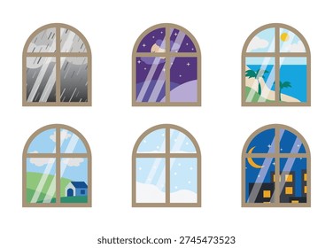 Bundle of isolated illustration cartoon windows with various views outside, storms, sunny weather, beaches, hills and others with flat design.