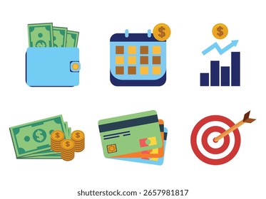 Pacote de calendário de ícone de ilustração isolado, carteira com dinheiro em dólar, gráfico de crescimento monetário, seta alvo vermelho, dinheiro em dólar e moedas de ouro, para elemento gráfico financeiro
