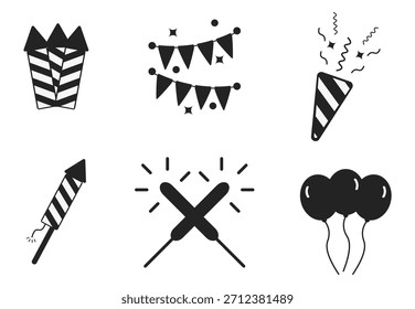 Bundle of isolated illustrations of fireworks icons in black and white flat design style for images, icons and promotional image elements for new year and birthday fireworks party events.