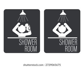 Bundle isolated label shower room for men and women, featuring bathing icons with shampoo, symbolizing hygiene, cleanliness, and public facility signage.