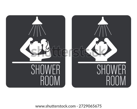 Bundle isolated label shower room for men and women, featuring bathing icons with shampoo, symbolizing hygiene, cleanliness, and public facility signage.