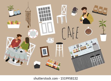 Bundle of isolated objects on the theme of a coffee shop: couple drinking coffee at a table, barista preparing a drink, furniture, dishes. Cute vector hand-drawn illustration for banners or posters.