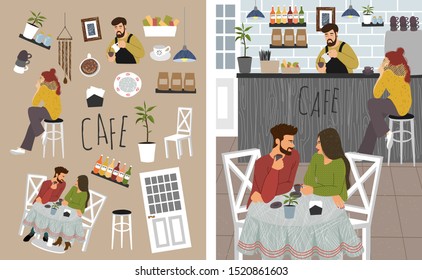 Bundle of isolated objects on the theme of a coffee shop and Cute vector hand-drawn illustration with people: couple drinking coffee at a table, barista preparing a drink and a girl is sitting at the 