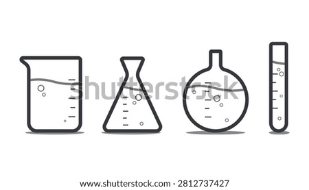 Bundle isolated outline laboratory glassware icons featuring square round triangular and cylindrical vessels for chemistry scientific research graphic collections