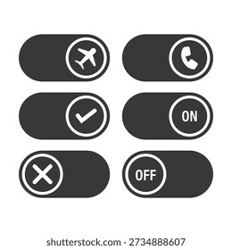 Bundle of isolated pictogram icons featuring switch on off, airplane mode, and call, symbolizing essential mobile functions, communication, and connectivity.