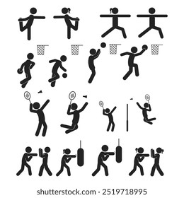 Pacote de ioga pictograma isolado, aquecimento, badminton, basket ball, boxe sinal