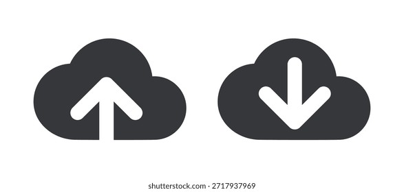 Paquete de pictogramas aislados en la nube con flechas hacia arriba y hacia abajo, que representan la conectividad del Cargar, la Descarga, Internet y el Web.