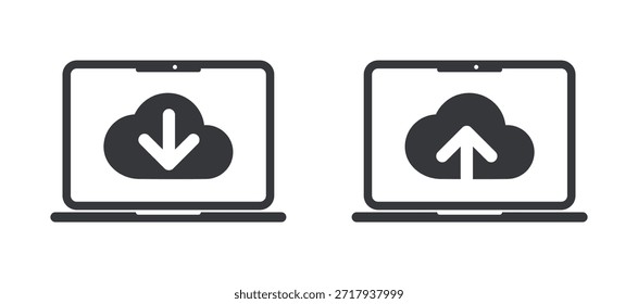 Paquete de pictogramas aislados en la nube con flechas hacia arriba y hacia abajo, que representan la conectividad del Cargar, la Descarga, Internet y el Web.