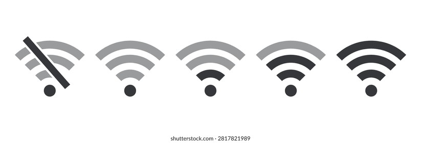 Bundle isolated WiFi signal icons showing no signal weak medium strong and full connectivity status indicators collection