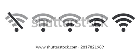 Bundle isolated WiFi signal icons showing no signal weak medium strong and full connectivity status indicators collection