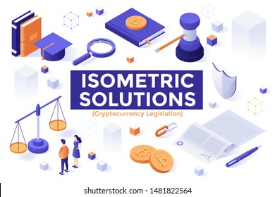 Conjunto de elementos de diseño isométrico u objetos aislados sobre fondo blanco - regulación legal o gubernamental de la tecnología de cadenas de bloqueo, legislación criptomonetaria. Ilustración vectorial moderna.