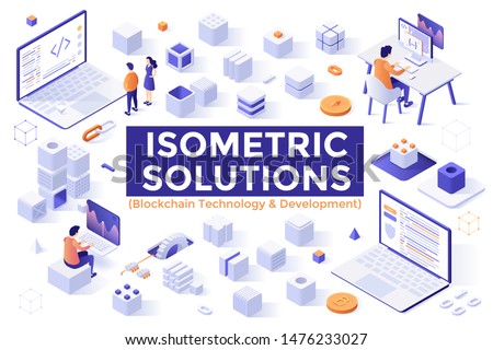 Bundle of isometric design elements or objects isolated on white background - blockchain technology, decentralized system of blocks, modules or units, computer algorithm. Modern vector illustration.