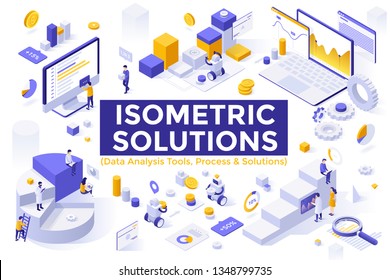 Bundle of isometric design elements or symbols isolated on white background - big data analysis tools, statistical, financial, business analytics, market research. Modern vector illustration.