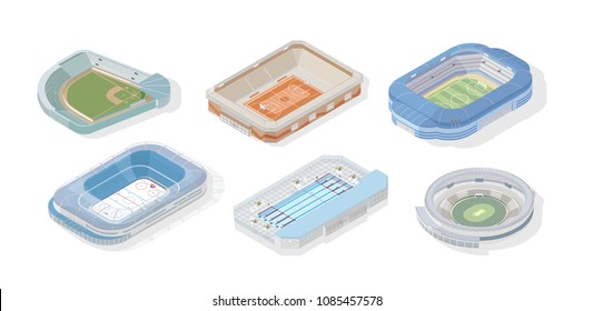 Bundle of isometric stadiums for various types of sports - basketball, football or soccer, cricket, swimming pool, hockey, baseball. Set of arenas isolated on white background. Vector illustration