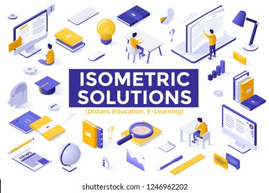 Bundle of isometric symbols isolated on white background - distant education, e-learning, internet courses, webinars, study programs, obtaining university degree online. Modern vector illustration.